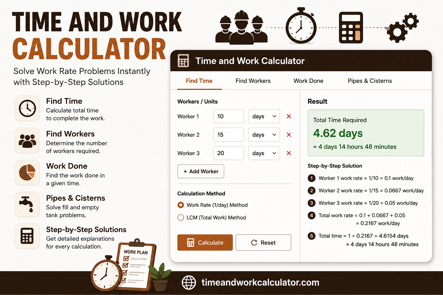 Calculator interface showing work-rate calculations with step-by-step solution